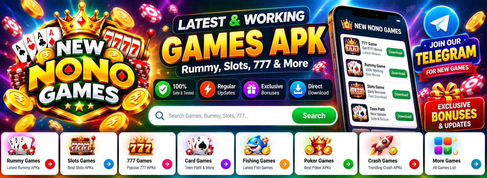 New Nono Games APK directory banner for Rummy, Slots, 777, Ludo and Arcade games